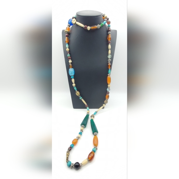 Multi Color Glass Beaded Necklace Single Strand Green Orange Metal 52" Long - Picture 3 of 5